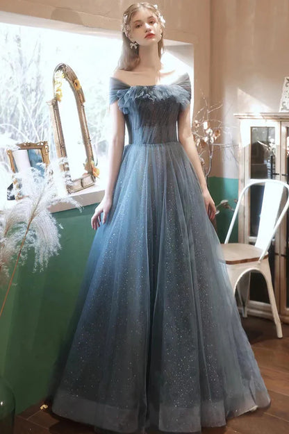 Blue Tulle Long A-Line Prom Dress Off the Shoulder Evening Graduation Dress