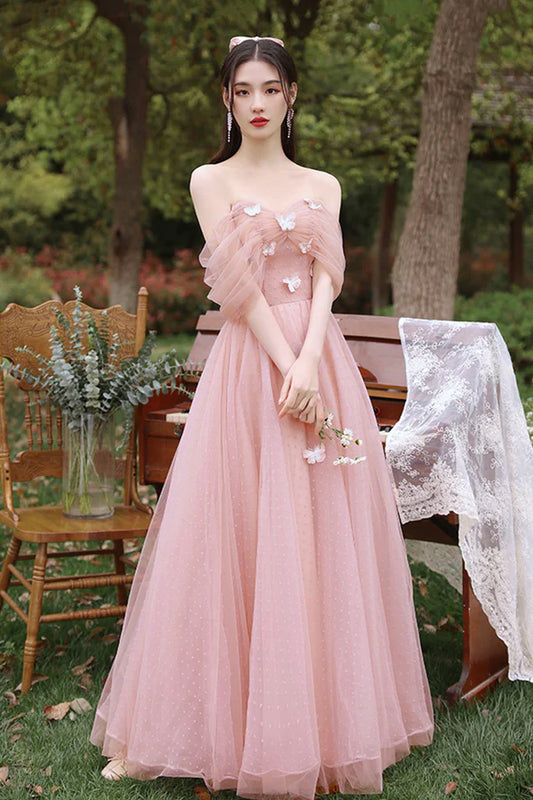 Pink Tulle Long A-Line Prom Dress Cute Pink Evening Party Dress