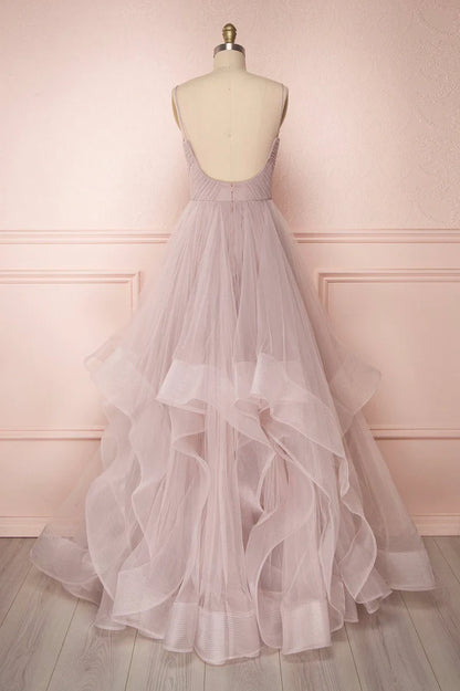 A-Line Tulle Layers Long Formal Dress Cute V-Neck Evening Party Dress