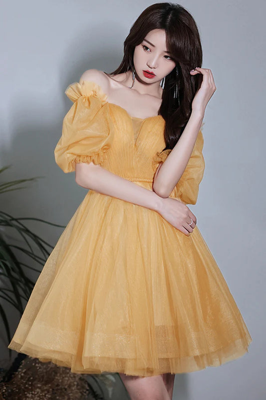 Yellow Short Tulle Party Dress A-Line Off the Shoulder Homecoming Dress