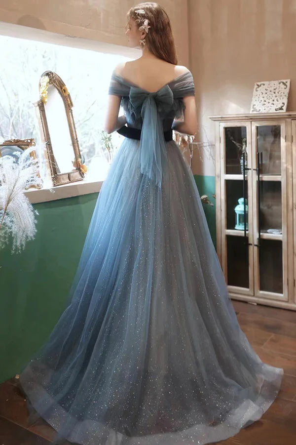 Blue Tulle Long A-Line Prom Dress Off the Shoulder Evening Graduation Dress