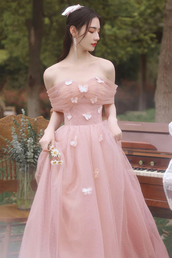 Pink Tulle Long A-Line Prom Dress Cute Pink Evening Party Dress