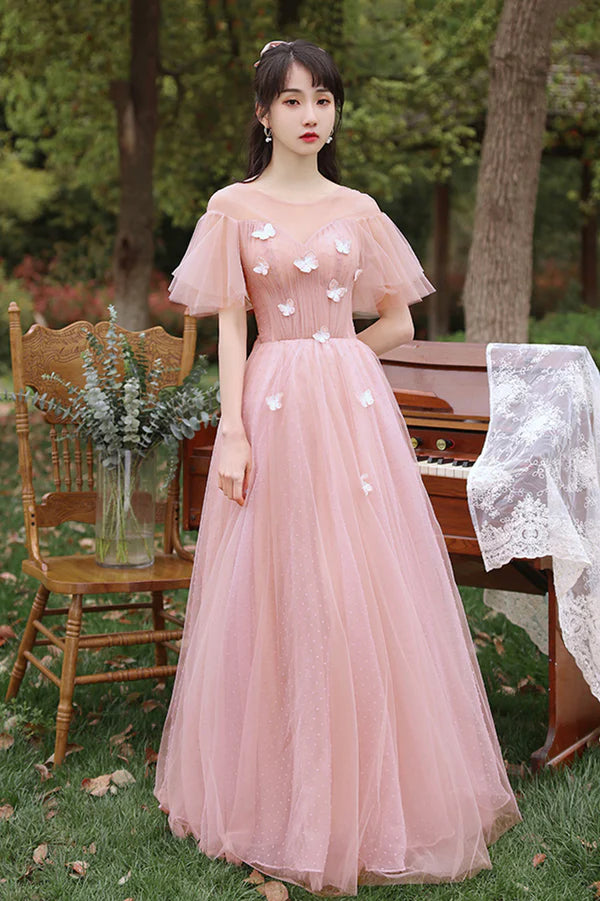 Pink Tulle Long A-Line Prom Dress Cute Pink Evening Party Dress