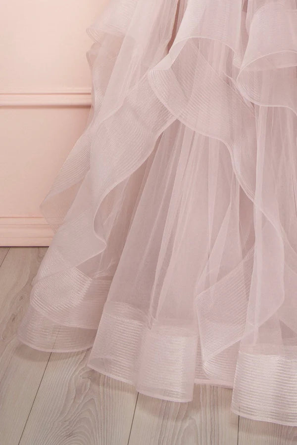 A-Line Tulle Layers Long Formal Dress Cute V-Neck Evening Party Dress