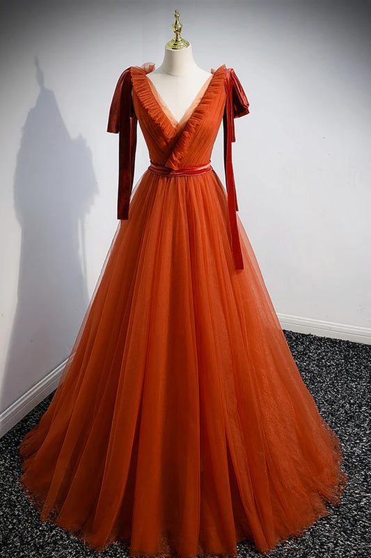 A-Line Tulle Long Prom Dress Orange V-Neck Long Simple Evening Dress