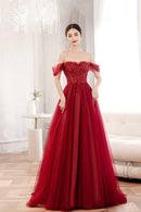 Red Off the Shoulder Tulle Long Formal Evening Dress A-Line Sequins Party Dress