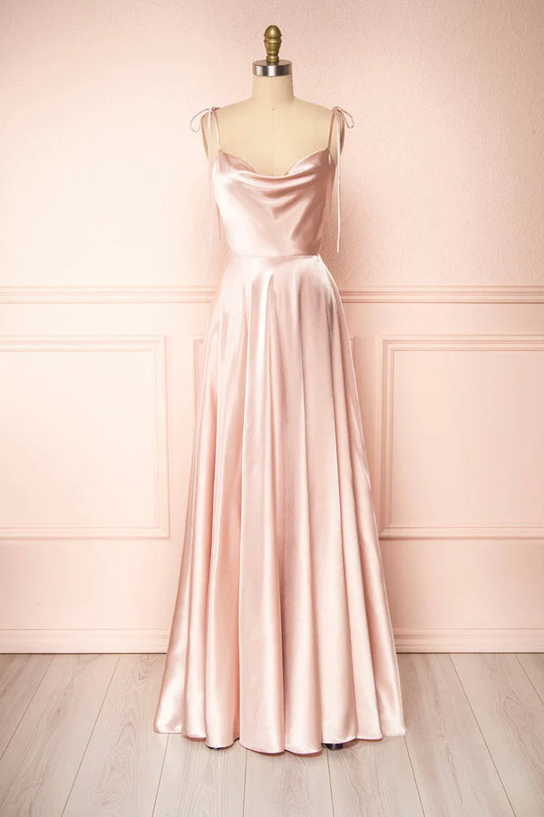 Simple Satin Long A-Line Prom Dress Spaghetti Straps Evening Dress