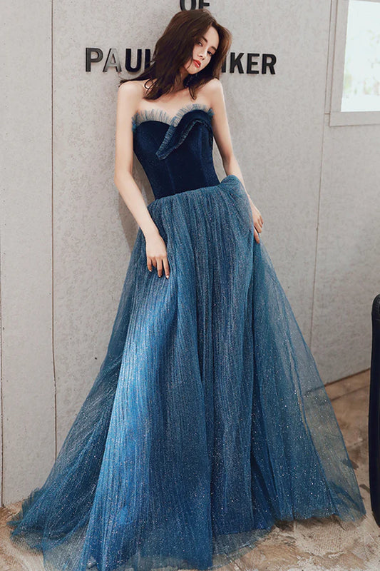 Blue Strapless Tulle Long Prom Dress A-Line Evening Party Dress