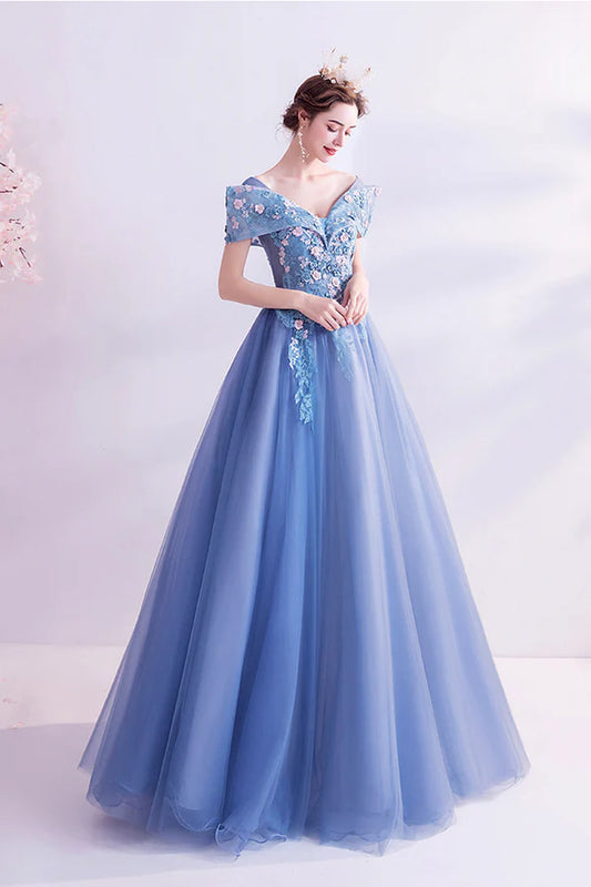 Blue Lace Off the Shoulder Prom Dress A-Line Evening Graduation Dress