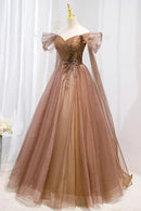 A-Line Tulle Beaded Long Formal Dress Off the Shoulder Evening Dress