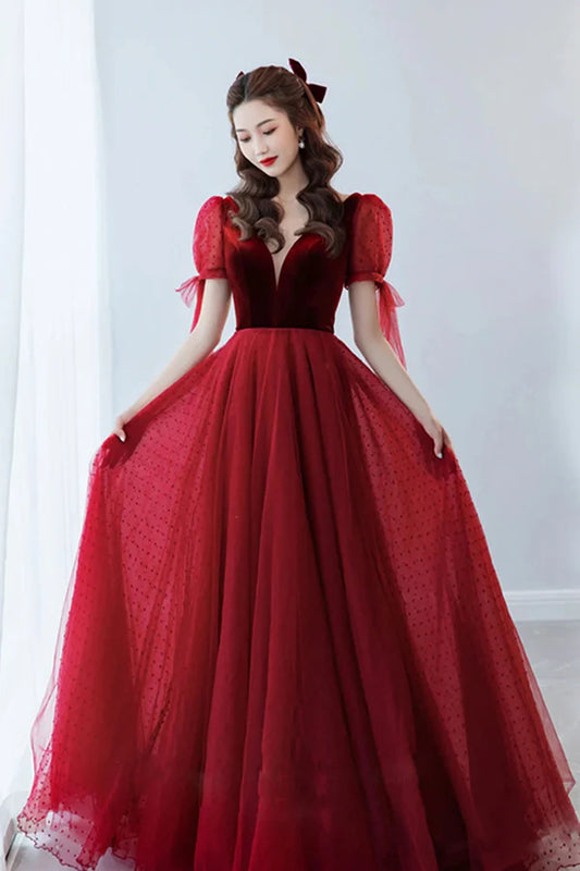 Burgundy Velvet Tulle Long A-Line Prom Dress V-Neck Short Sleeve Party Dress