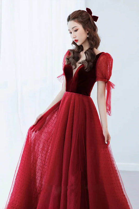 Burgundy Velvet Tulle Long A-Line Prom Dress V-Neck Short Sleeve Party Dress