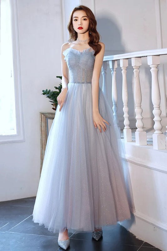 Blue Tulle Long A-Line Prom Dress with Beaded Blue Strapless Evening Dress