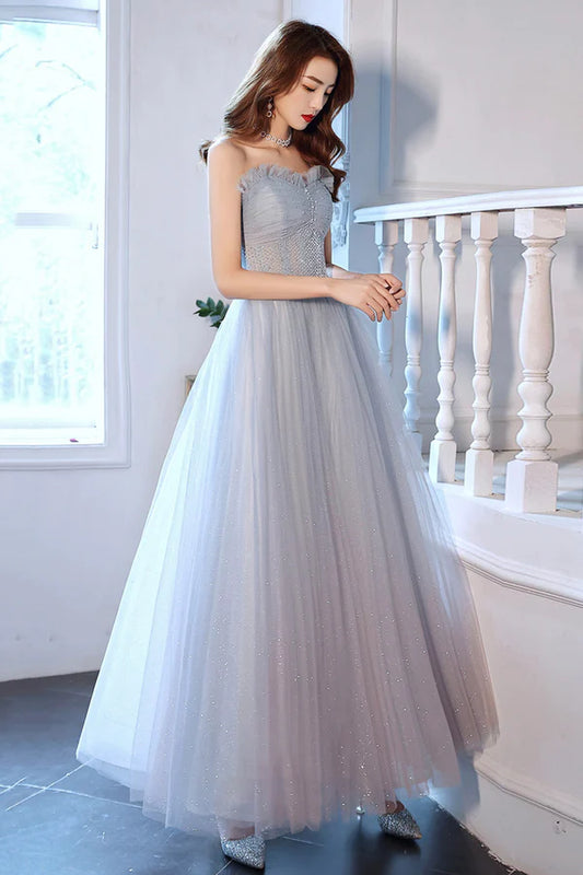 Blue Tulle Long A-Line Prom Dress with Beaded Blue Strapless Evening Dress