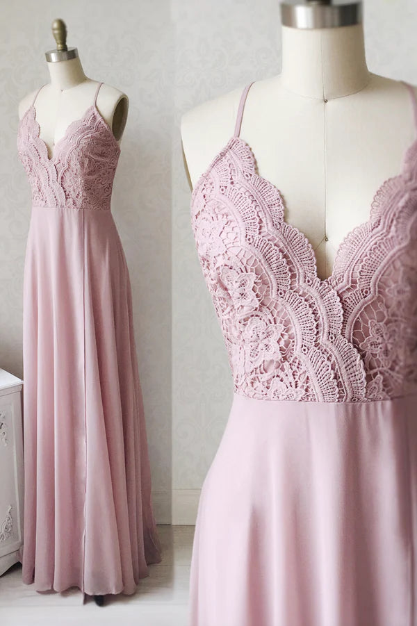 Pink Chiffon Lace Long A-Line Prom Dress Pink V-Neck Evening Dress