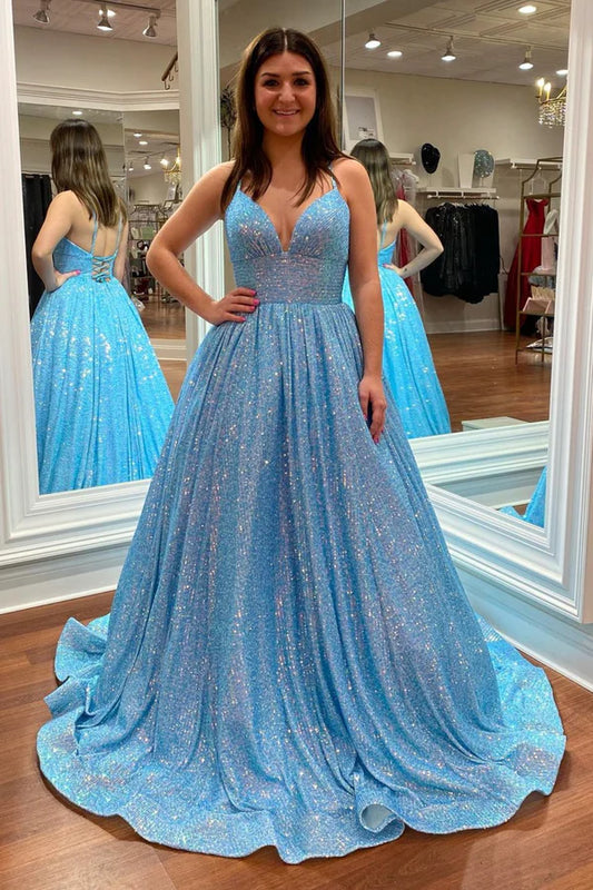 Blue V-Neck Sequins Long Prom Dress A-Line Backless Evening Dress