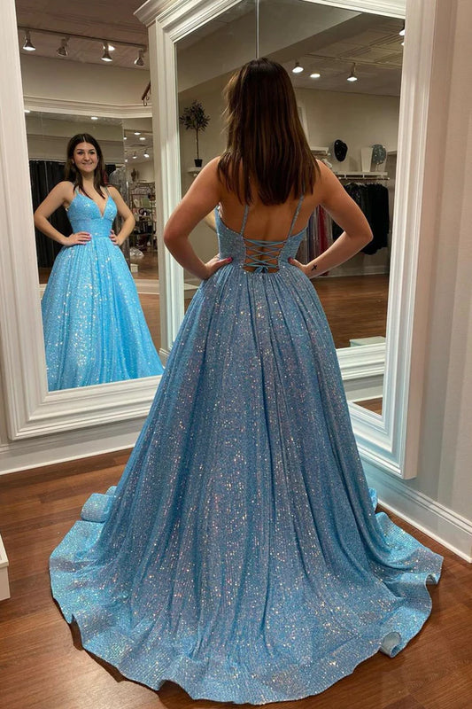 Blue V-Neck Sequins Long Prom Dress A-Line Backless Evening Dress