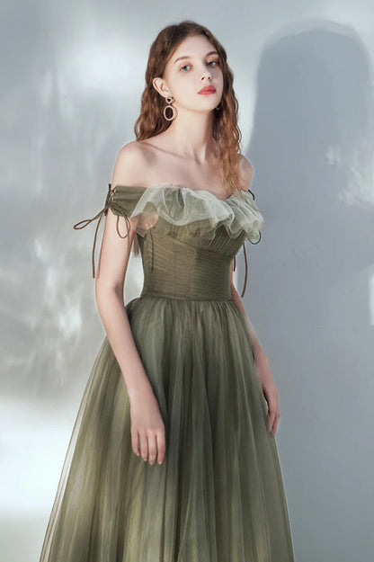 Green Tulle Long Prom Dress Lovely Off the Shoulder Graduation Dress