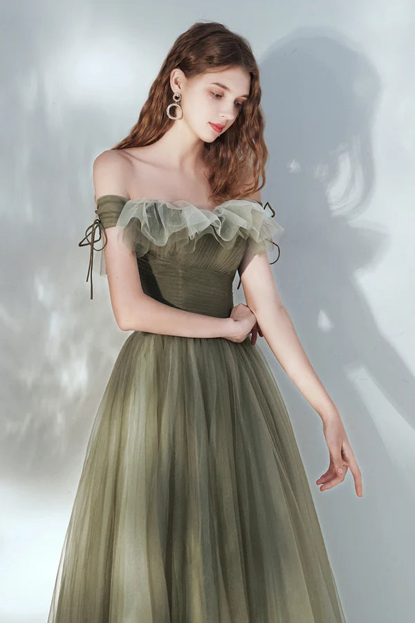 Green Tulle Long Prom Dress Lovely Off the Shoulder Graduation Dress