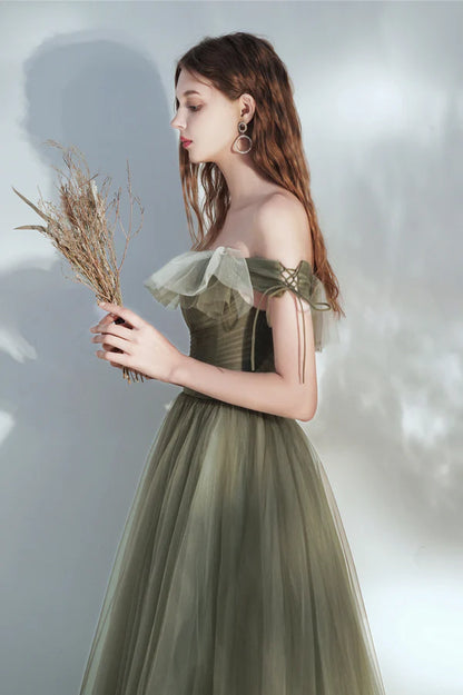 Green Tulle Long Prom Dress Lovely Off the Shoulder Graduation Dress