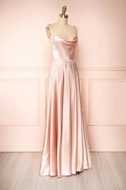 Simple Satin Long A-Line Prom Dress Spaghetti Straps Evening Dress