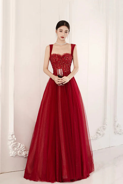 Red Off the Shoulder Tulle Long Formal Evening Dress A-Line Sequins Party Dress