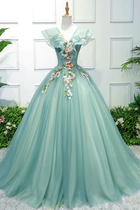 Green V-Neck Tulle Long A-Line Prom Dress A-Line Evening Formal Gown