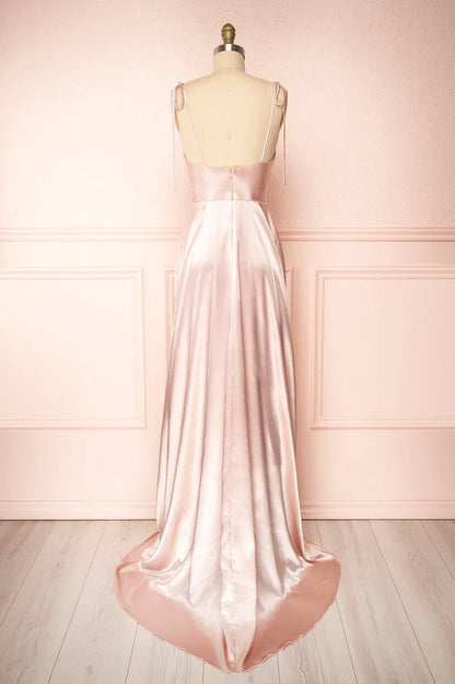 Simple Satin Long A-Line Prom Dress Spaghetti Straps Evening Dress