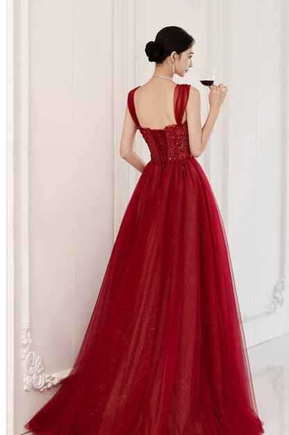 Red Off the Shoulder Tulle Long Formal Evening Dress A-Line Sequins Party Dress