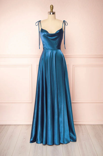 Simple Satin Long A-Line Prom Dress Spaghetti Straps Evening Dress