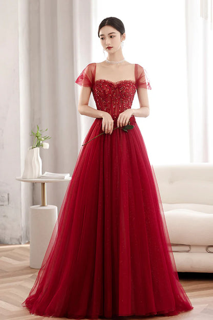 Red Off the Shoulder Tulle Long Formal Evening Dress A-Line Sequins Party Dress