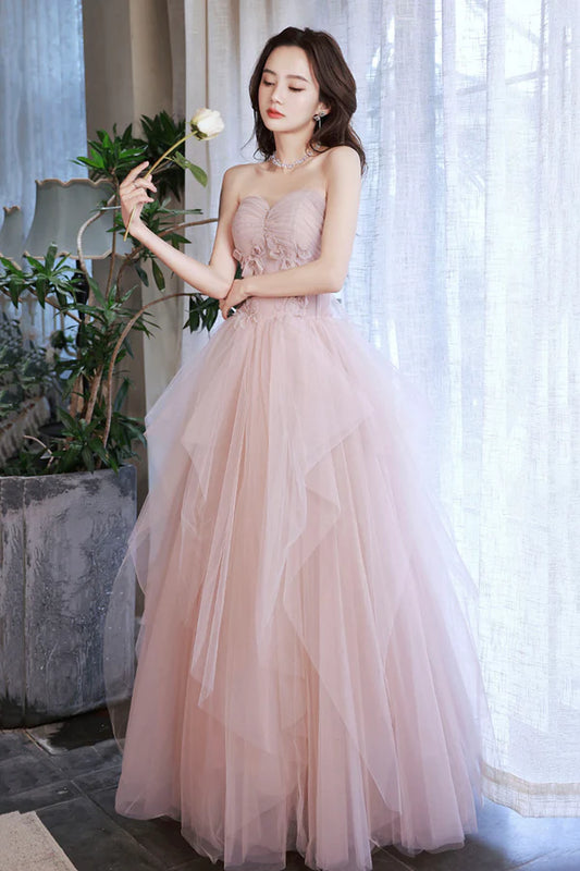 Pink Tulle Layers Floor Length Prom Dress Cute Strapless Evening Party Dress