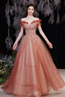 Shiny Tulle Long A-Line Prom Dress with Sequins Off the Shoulder Evening Dress