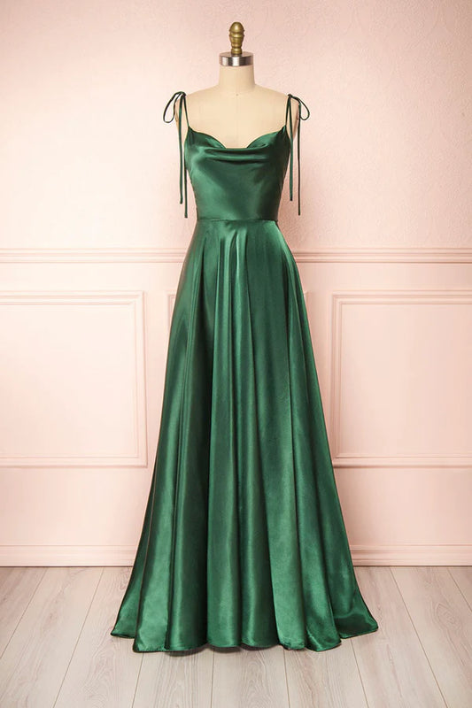 Simple Satin Long A-Line Prom Dress Spaghetti Straps Evening Dress