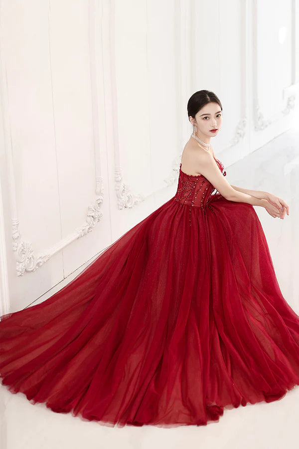 Red Off the Shoulder Tulle Long Formal Evening Dress A-Line Sequins Party Dress