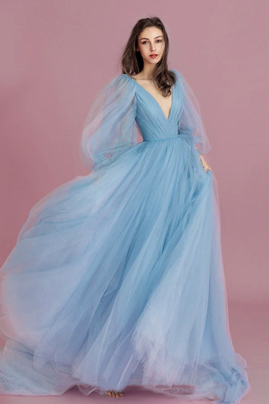 Blue V-Neck Tulle Long Prom Dress Beautiful Puff Sleeve Evening Dress