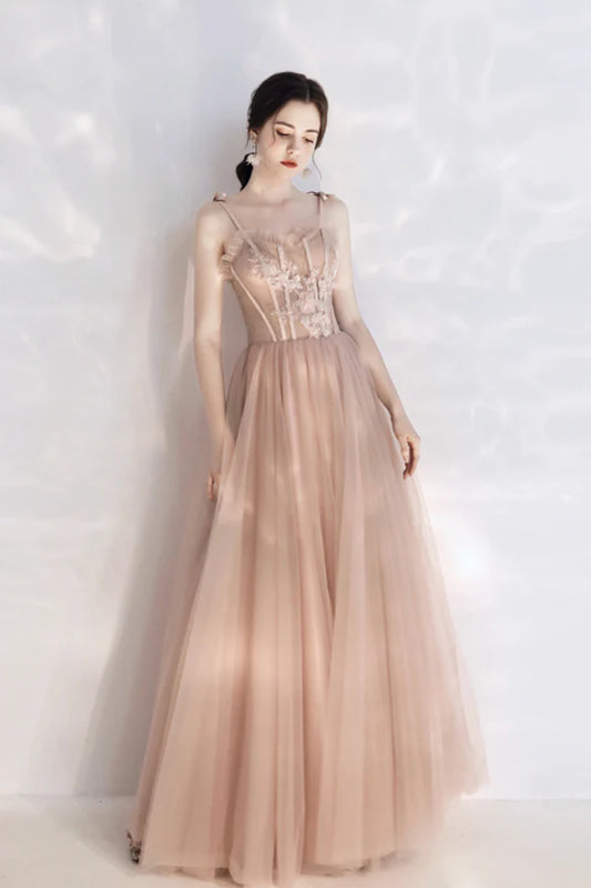 Pink Tulle Long A-Line Prom Dress with Lace Pink Evening Party Dress