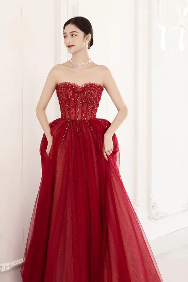 Red Off the Shoulder Tulle Long Formal Evening Dress A-Line Sequins Party Dress