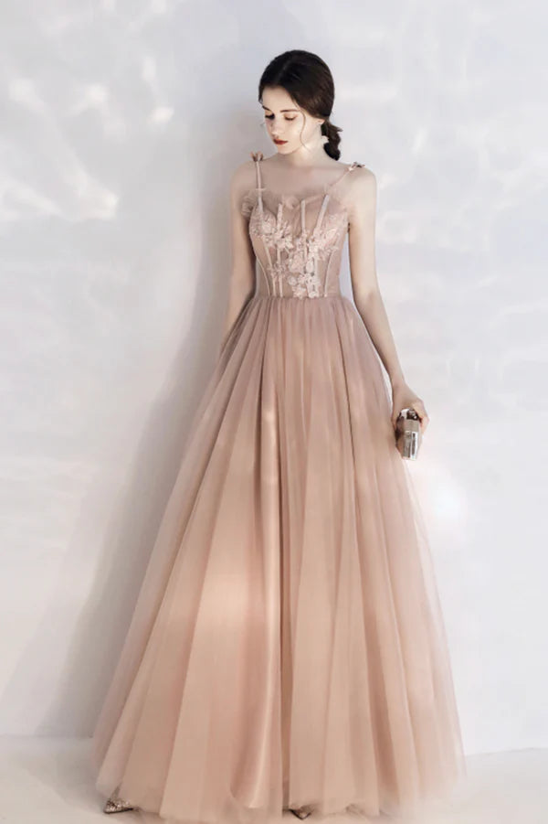 Pink Tulle Long A-Line Prom Dress with Lace Pink Evening Party Dress