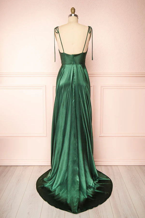 Simple Satin Long A-Line Prom Dress Spaghetti Straps Evening Dress