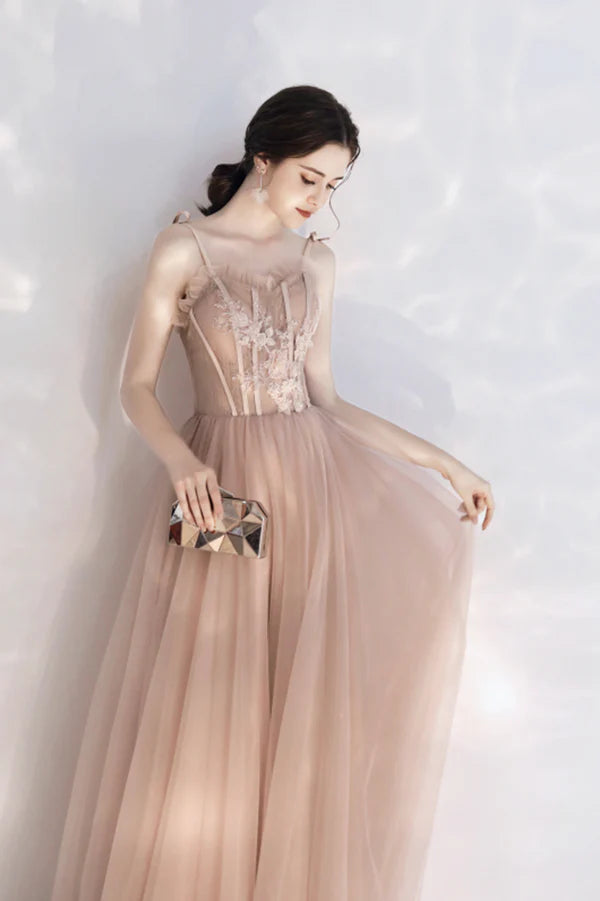 Pink Tulle Long A-Line Prom Dress with Lace Pink Evening Party Dress