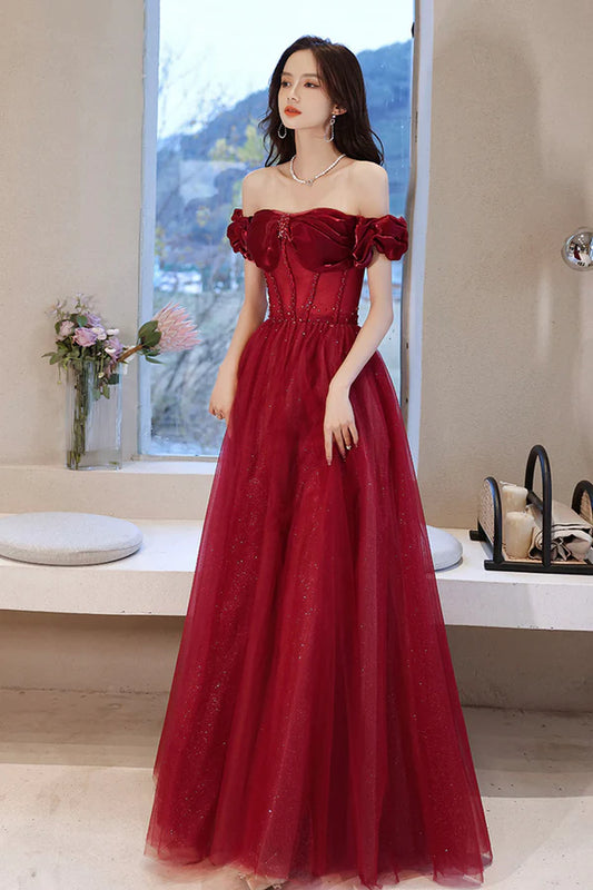 Burgundy Off the Shoulder Prom Dress Sparkly Party Dress A-line Evening Dress