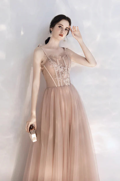 Pink Tulle Long A-Line Prom Dress with Lace Pink Evening Party Dress