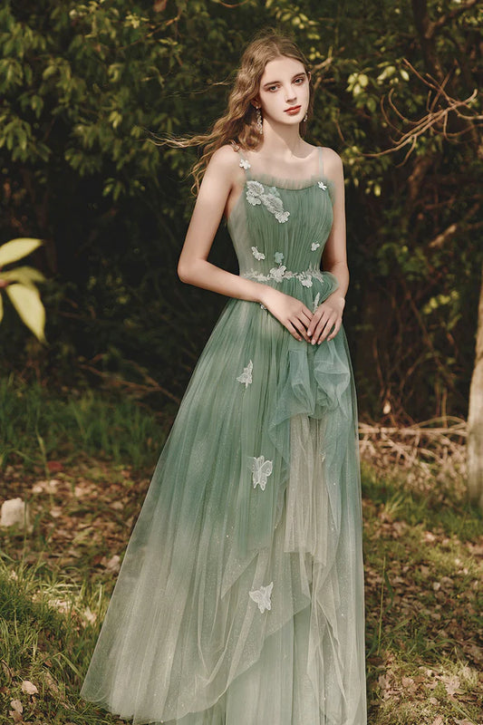 Green Tulle Long A-Line Prom Dress with Lace Beautiful Spaghetti Strap Graduation Dress