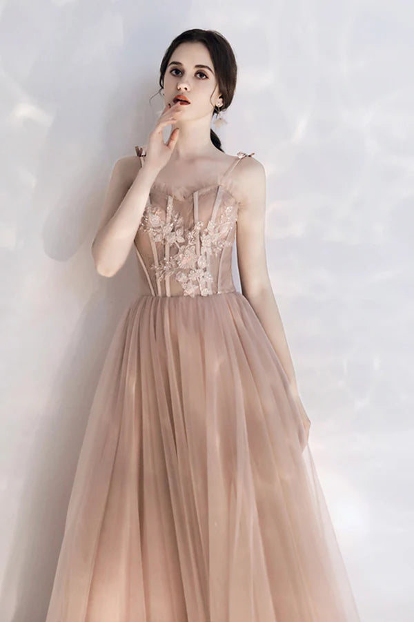 Pink Tulle Long A-Line Prom Dress with Lace Pink Evening Party Dress