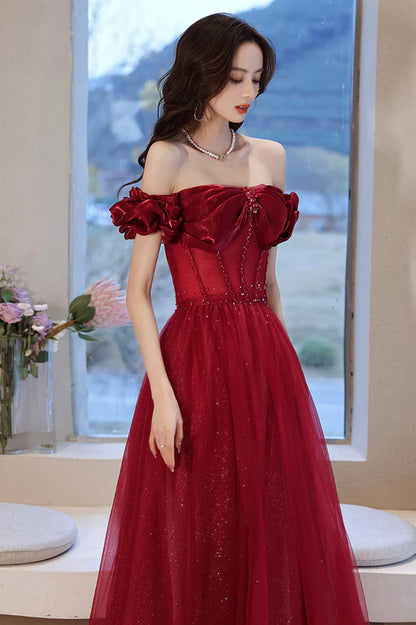 Burgundy Off the Shoulder Prom Dress Sparkly Party Dress A-line Evening Dress