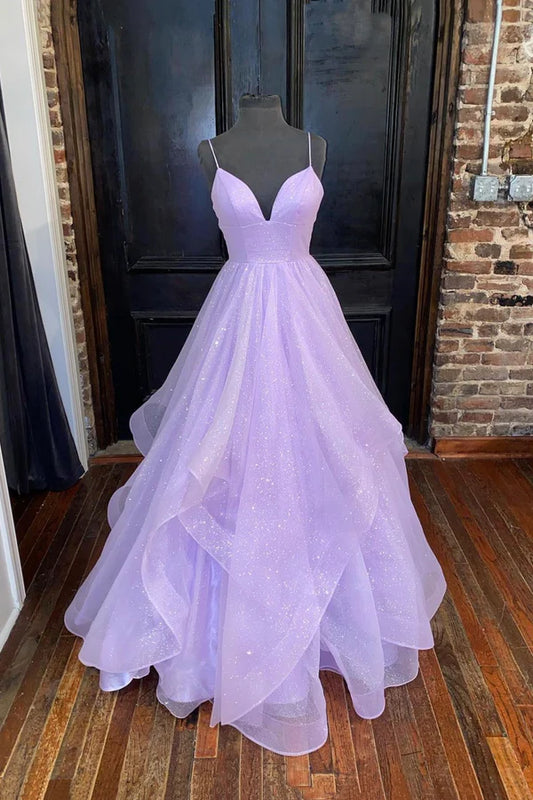 A-Line Lavender Shiny Tulle Prom Dresses Long Spaghetti Strap Evening Dresses