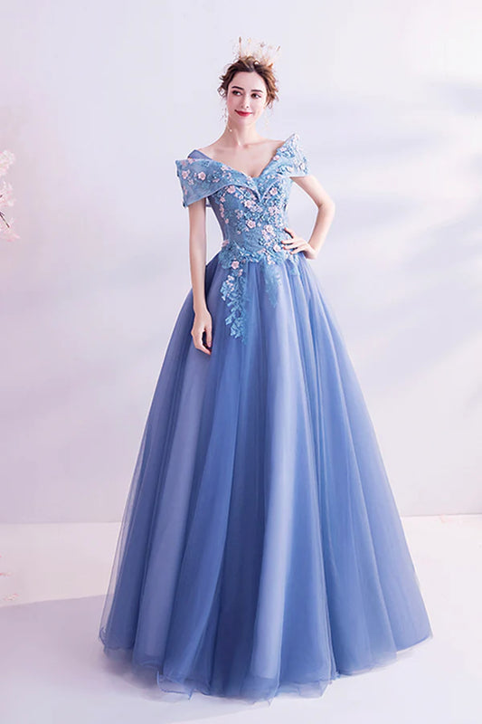 Blue Lace Off the Shoulder Prom Dress A-Line Evening Graduation Dress