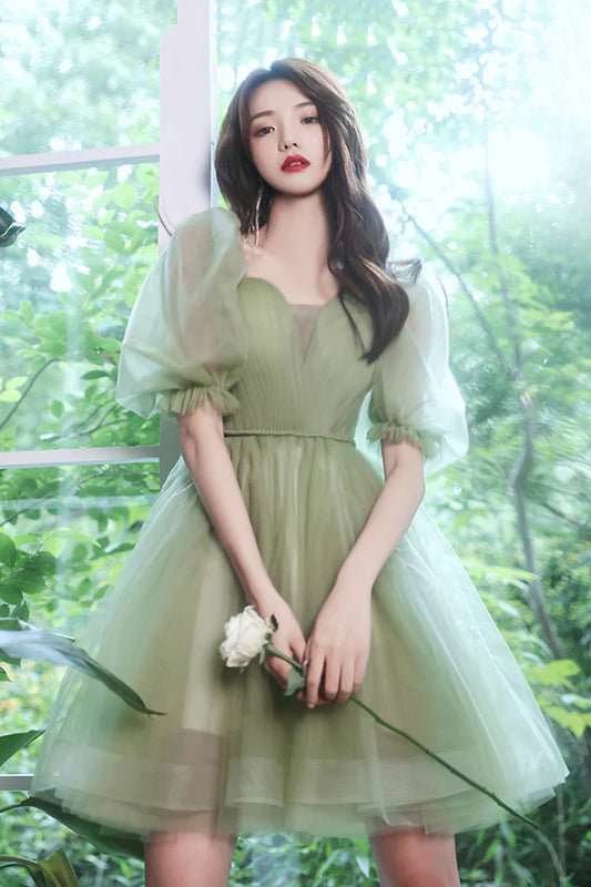 Green Tulle Short A-Line Prom Dress Cute Short Sleeve Evening Party Dress