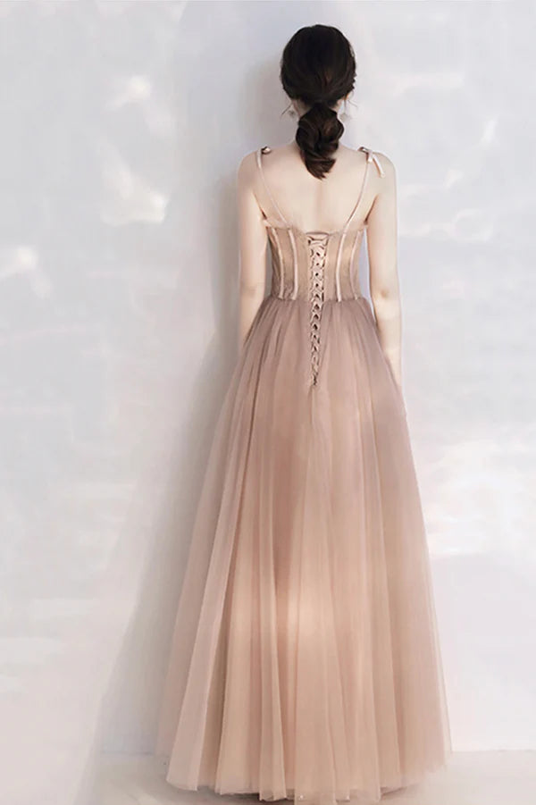 Pink Tulle Long A-Line Prom Dress with Lace Pink Evening Party Dress